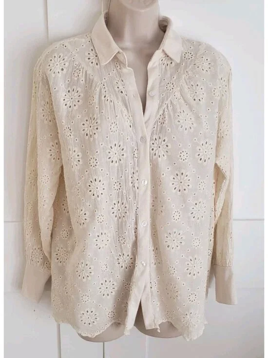 NY COLLECTION IVORY EYELET BUTTON FRONT BLOUSE SHIRT LARGE - Picture 2 of 9